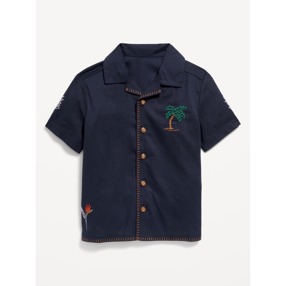 Old Navy Toddler Boys Short Sleeve Embroidered Camp Shirt - Palm Trees - Blue 3T